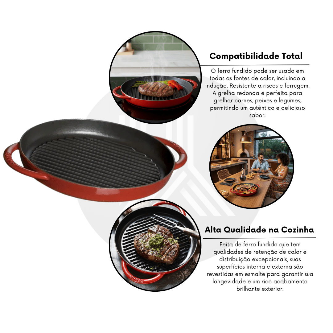 Grelha Staub Redonda Ferro Fundido Feita na França Cereja 26cm